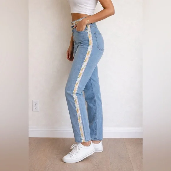 Tory Burch High Waisted Stretch Jeans Embroidered Floral Side Stripe Sz 30